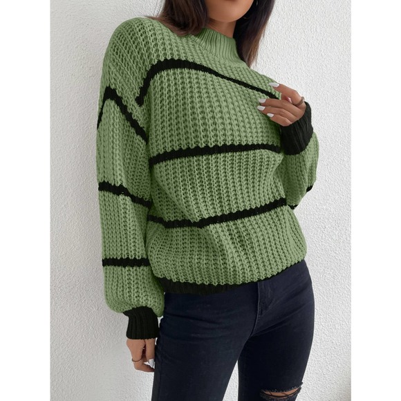 Striped Mock Neck Drop Shoulder turtleneck Sweater cream black - Picture 11 of 11